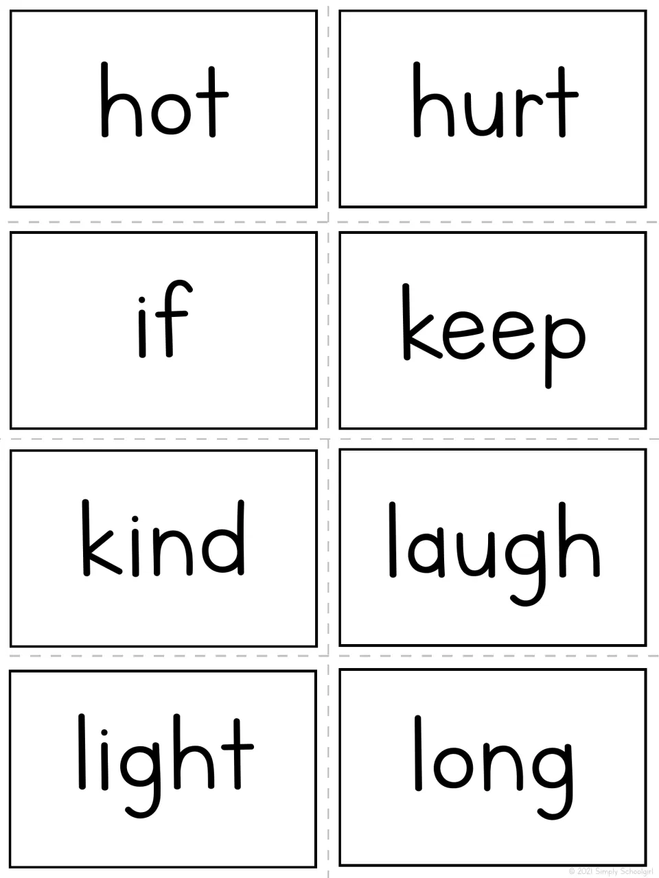 Bingo teacher call-out cards 17–24 show the words hot, hurt, if, keep, kind, laugh, light, and long