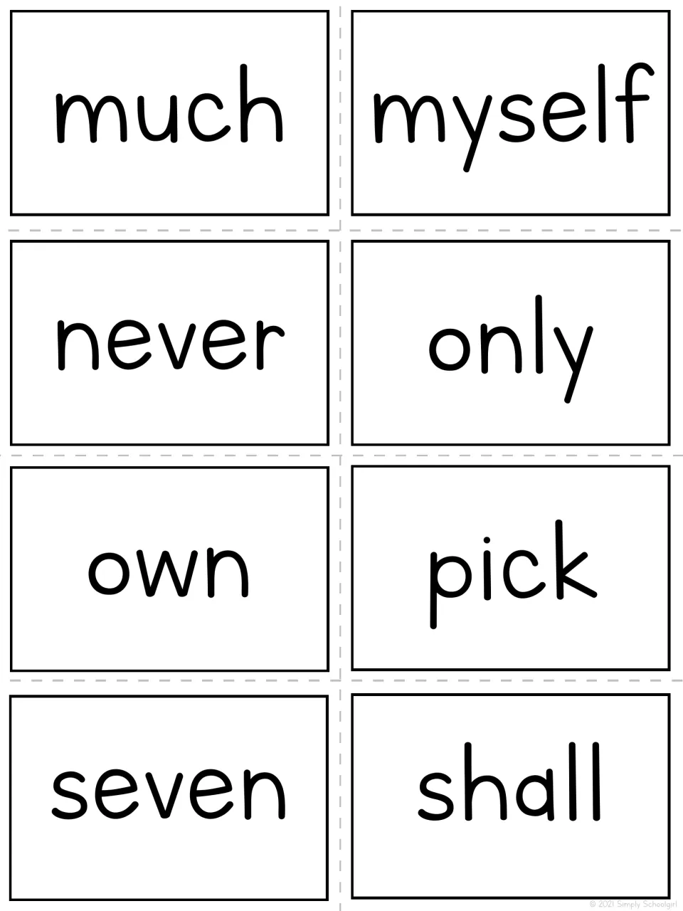 Bingo teacher call-out cards 25–32 show the words much, myself, never, only, own, pick, seven, and shall