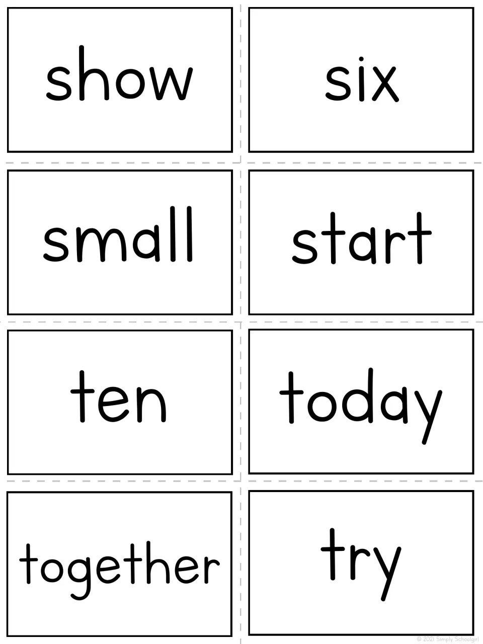 Bingo teacher call-out cards 33–40 show the words show, six, small, start, ten, today, together, and try