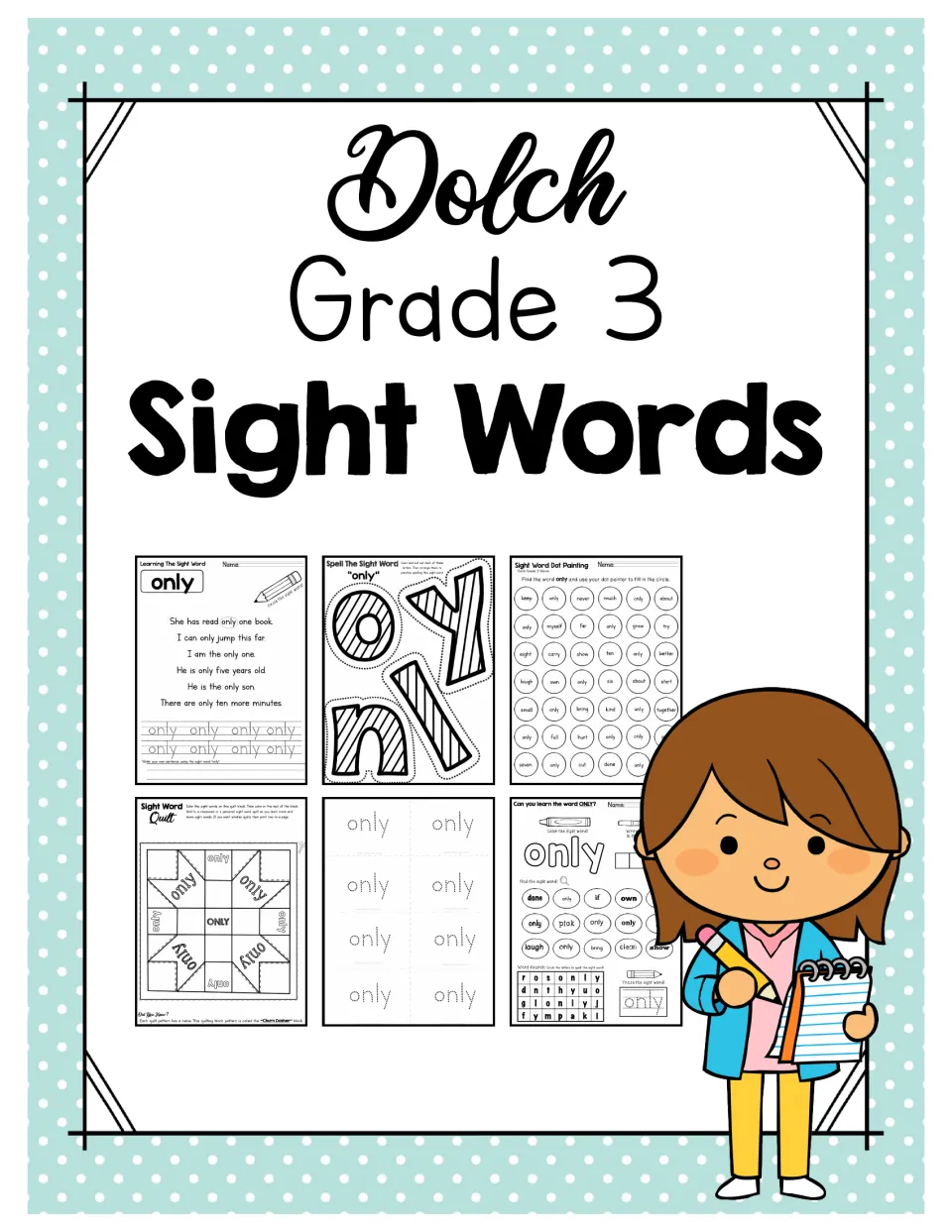 Cover for Dolch Grade 3 Sight Words showing sample pages for the word "only": tracing, cut-out letters and dot painting