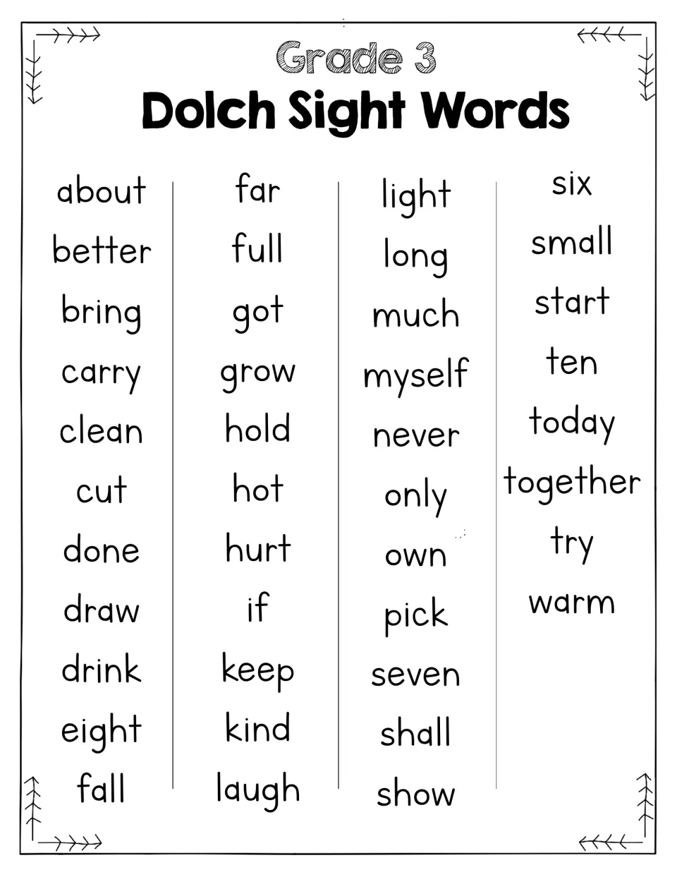 Grade 3 sight word list of 41 words in four columns, from about and better to warm, for students to read