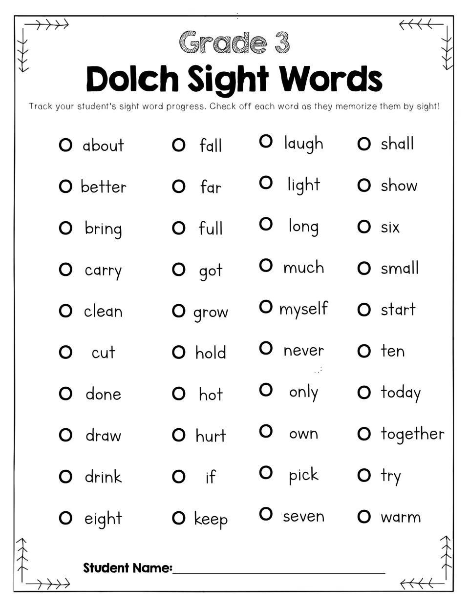Sight word tracking chart: students check off each of the 40 listed words as they learn it, with a name line