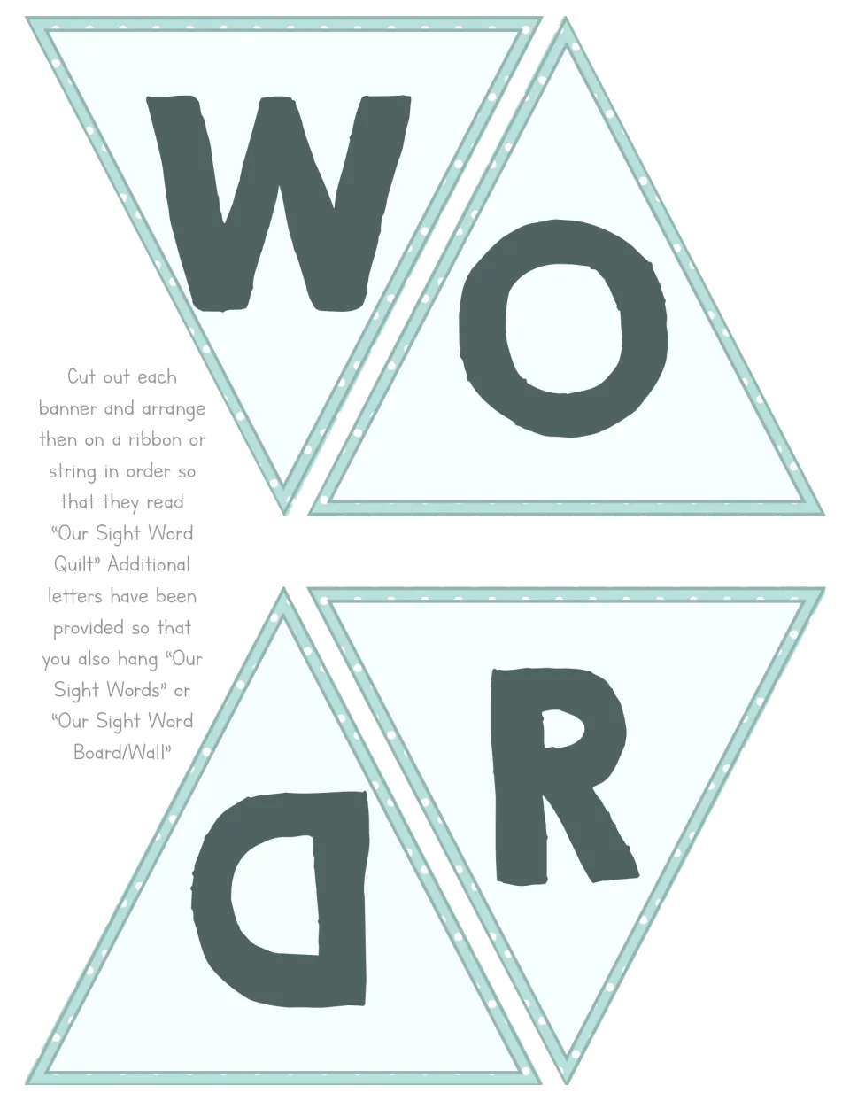 Cut-out piece of a pennant banner with the letters W, O, D and R, to be arranged on a ribbon or string