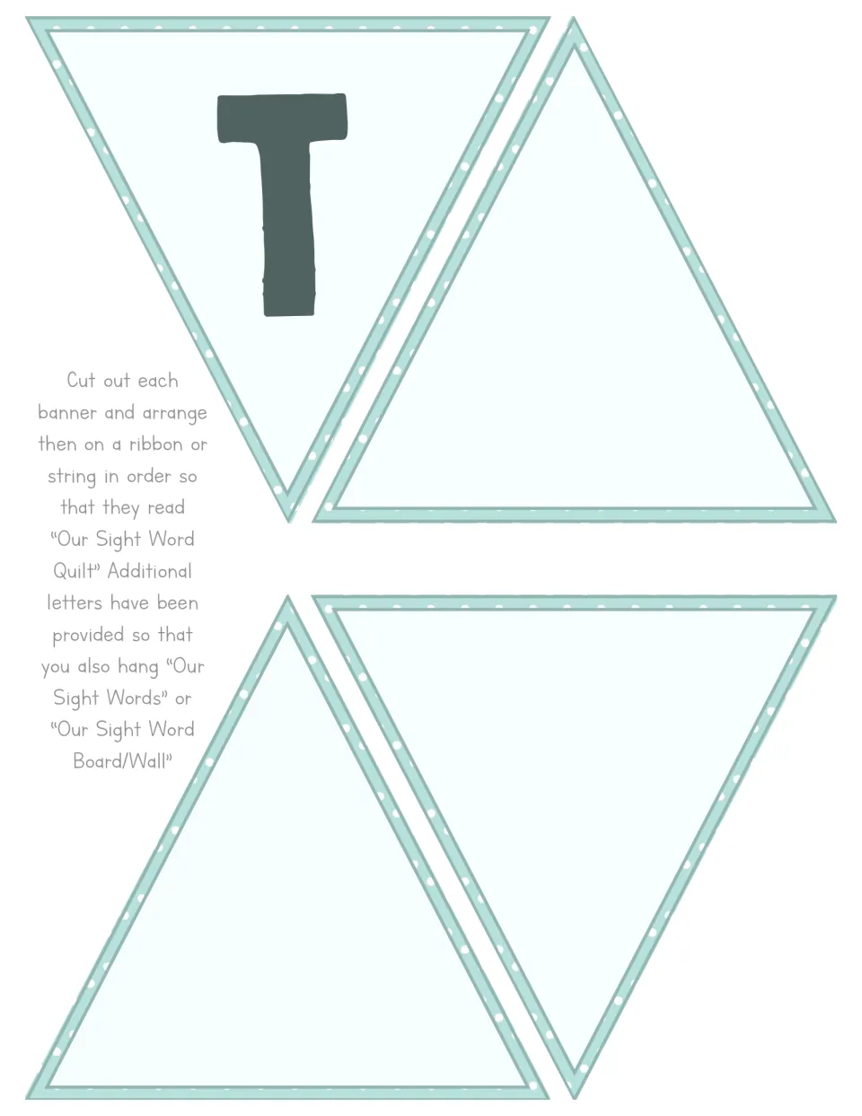 Cut-out piece of a pennant banner with one letter T and three blank pennants, to cut out and hang on a string