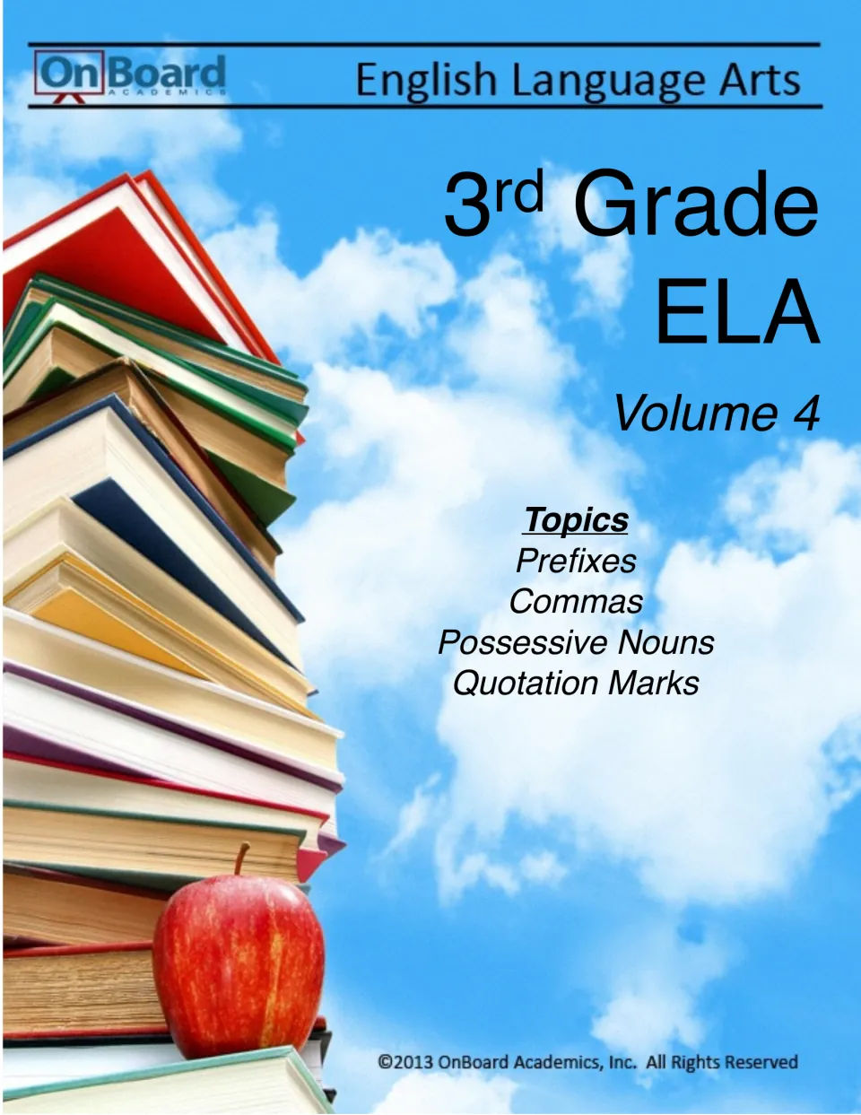 Workbook cover for Grade 3 ELA Volume 4, listing prefixes, commas, possessive nouns, and quotation marks