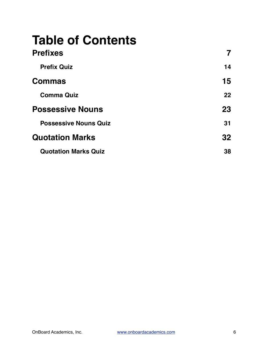 Workbook contents listing sections and quizzes for prefixes, commas, possessive nouns, and quotation marks