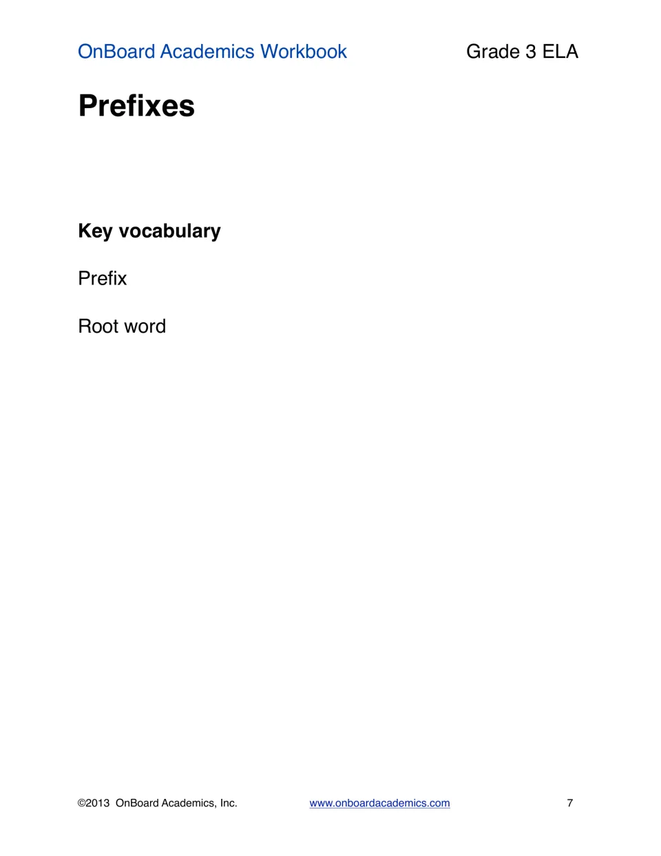 Prefix section opening page introducing the two key vocabulary terms for the lesson: prefix and root word