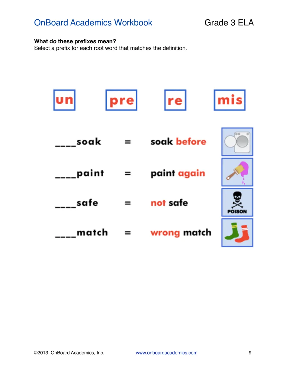 Prefix practice choosing un, pre, re, or mis to complete soak, paint, safe, and match using given meanings