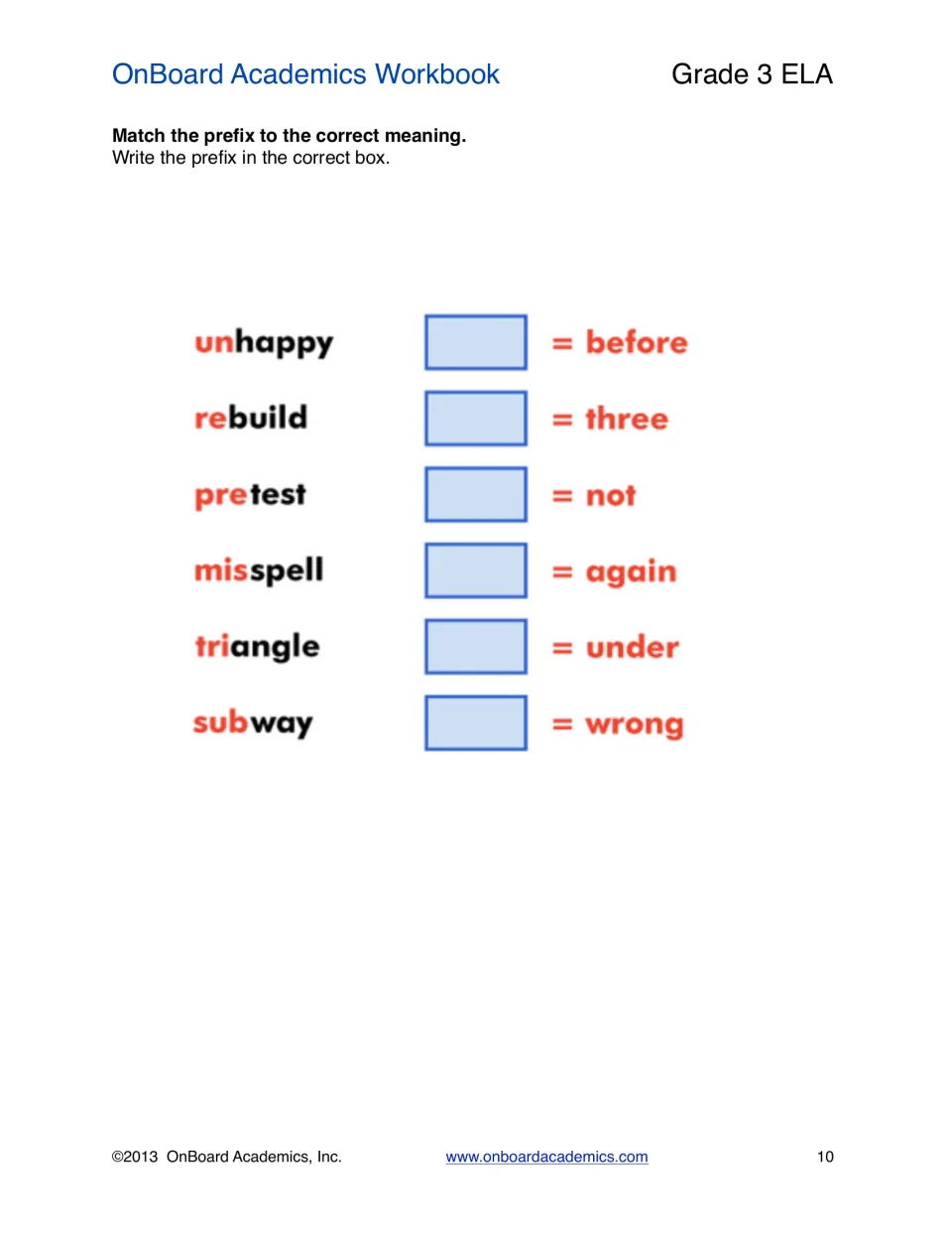 Prefix matching practice using unhappy, rebuild, pretest, misspell, triangle, and subway to identify meanings