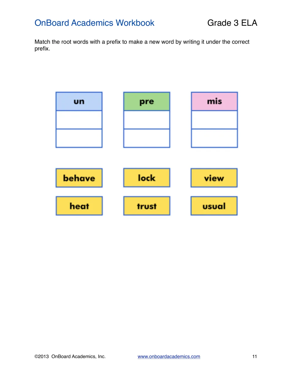Prefix word-building practice sorting behave, lock, view, heat, trust, and usual under un, pre, or mis