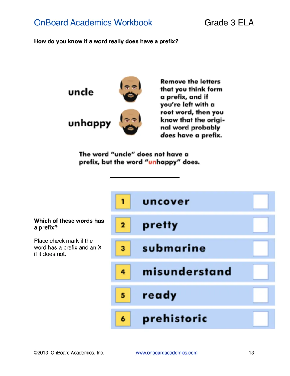 Prefix identification lesson contrasting uncle and unhappy, followed by six words to mark for prefixes