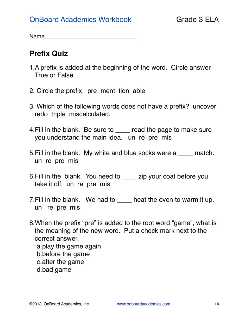 Eight-question prefix quiz covering prefix placement, word recognition, sentence completion, and pregame