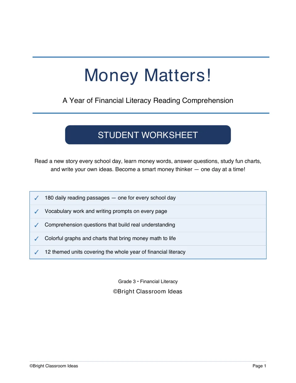 Money Matters! student worksheet cover: 180 daily money reading passages with vocabulary, questions, charts in 12 units