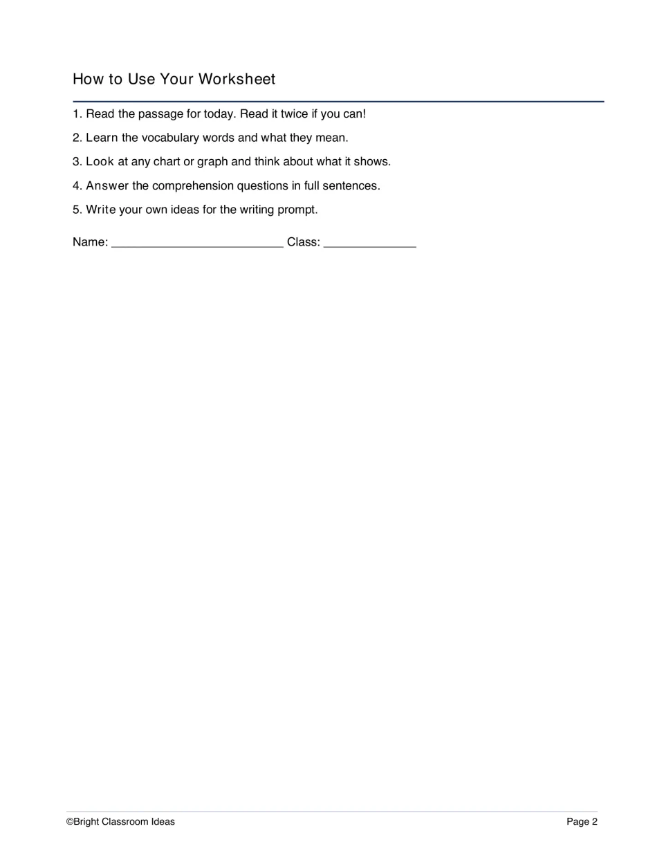 How to Use Your Worksheet: five steps for reading the passage, learning vocabulary, reading charts and answering in full