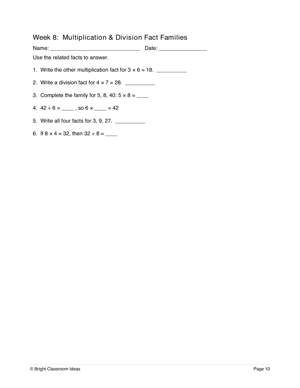 Week 8, multiplication and division fact families: students write related facts for sets like 3, 9, 27 and 5, 8, 40