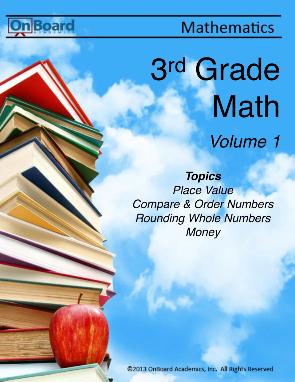 OnBoard Academics 3rd Grade Math Volume 1 cover listing place value, compare and order, rounding and money