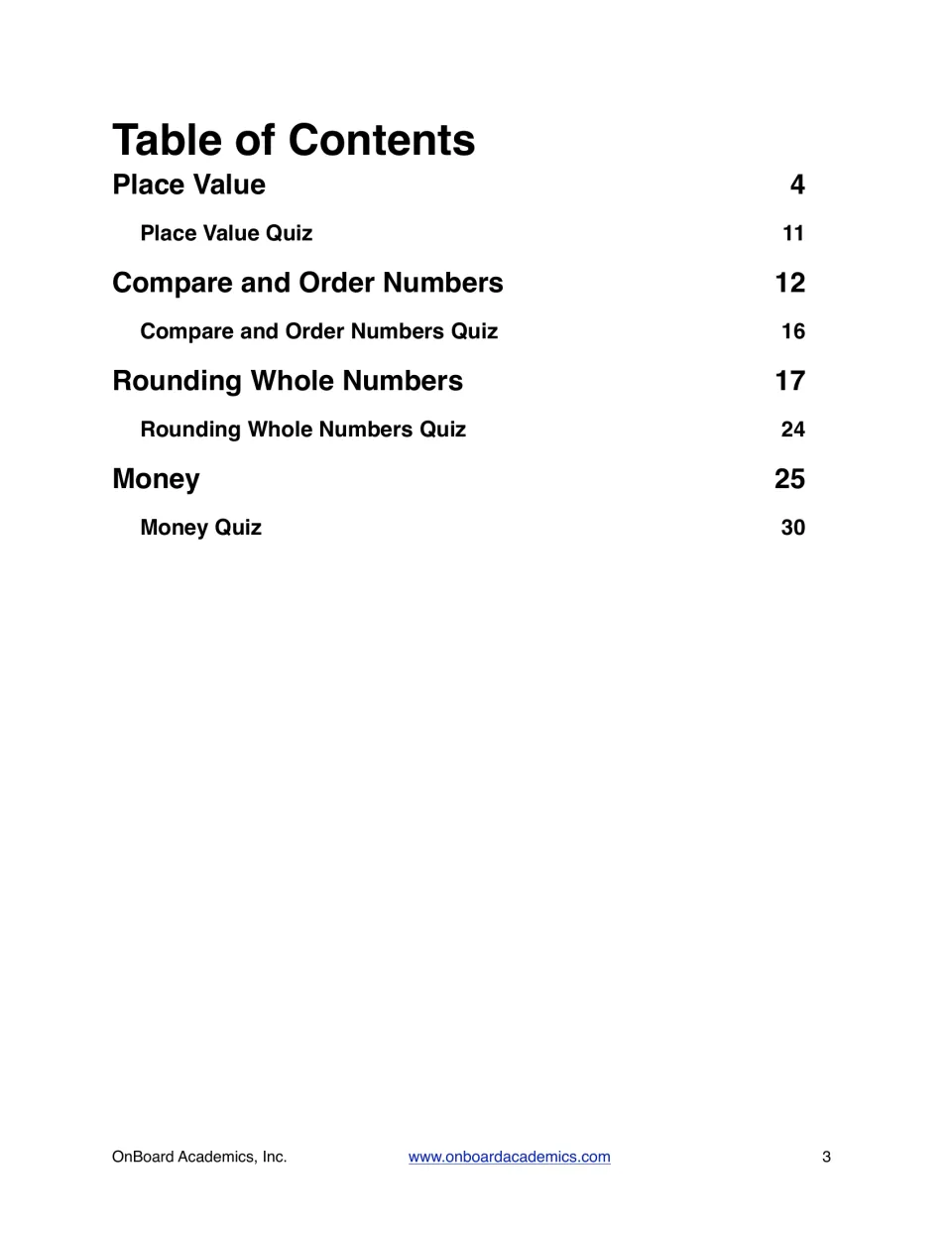Table of contents: page numbers for place value, compare and order, rounding and money units, each ending in a quiz