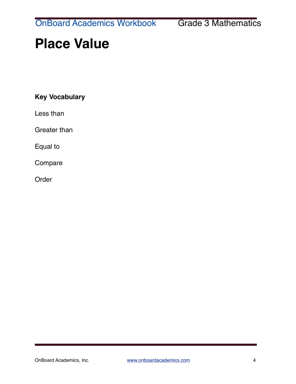 Place value unit opener listing key vocabulary: less than, greater than, equal to, compare and order