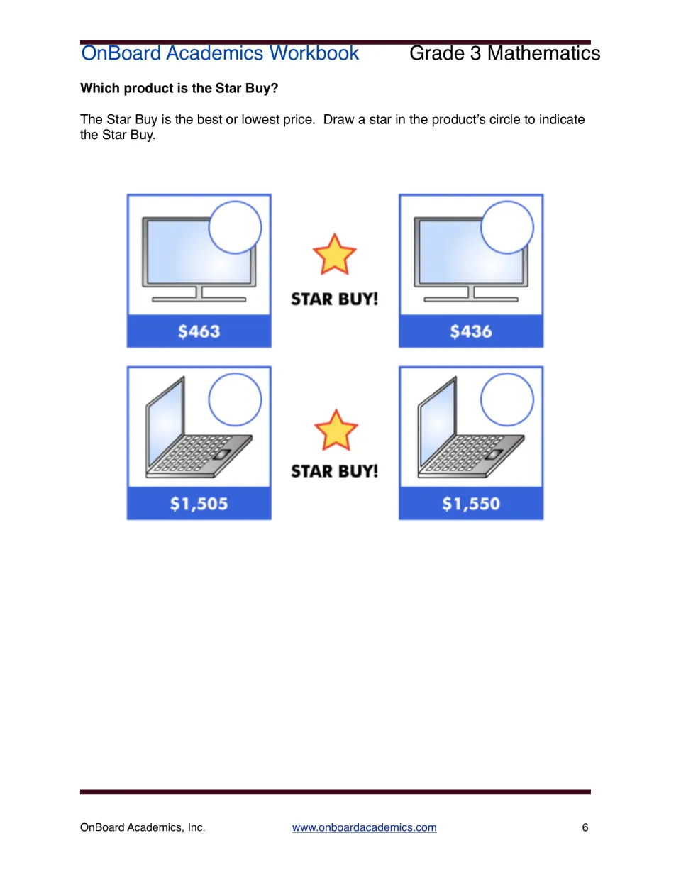 Star Buy price comparison: students compare $463 vs $436 and $1,505 vs $1,550 and draw a star on the lowest price