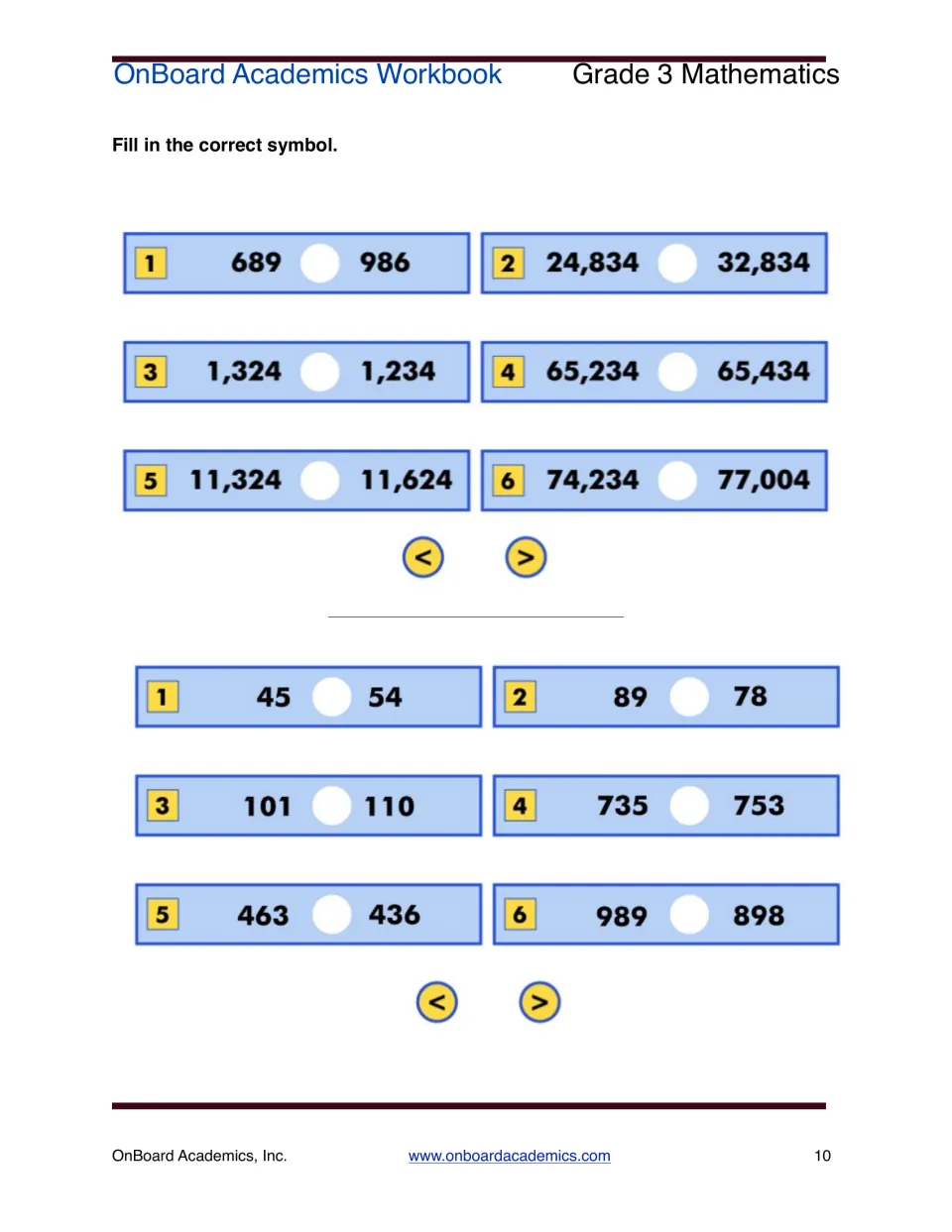 Comparing numbers: students fill in < or > for 12 pairs, from two-digit pairs like 45 and 54 up to five-digit pairs