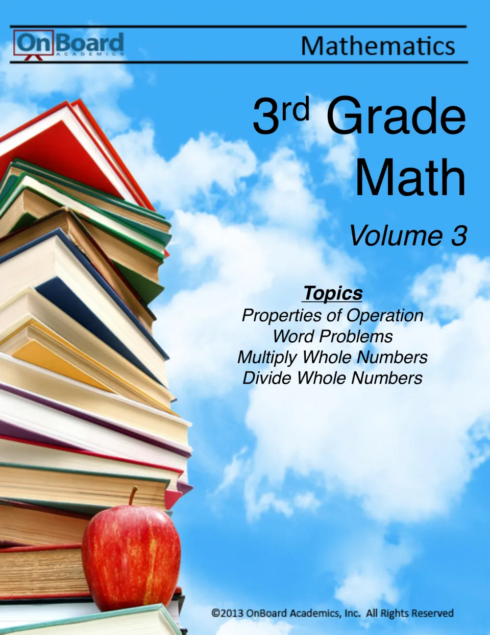 OnBoard Academics 3rd grade math workbook cover listing properties of operation, word problems, multiply and divide