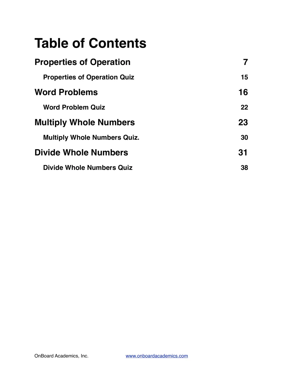 Table of contents: four units, from properties of operation to dividing whole numbers, each followed by a quiz page number