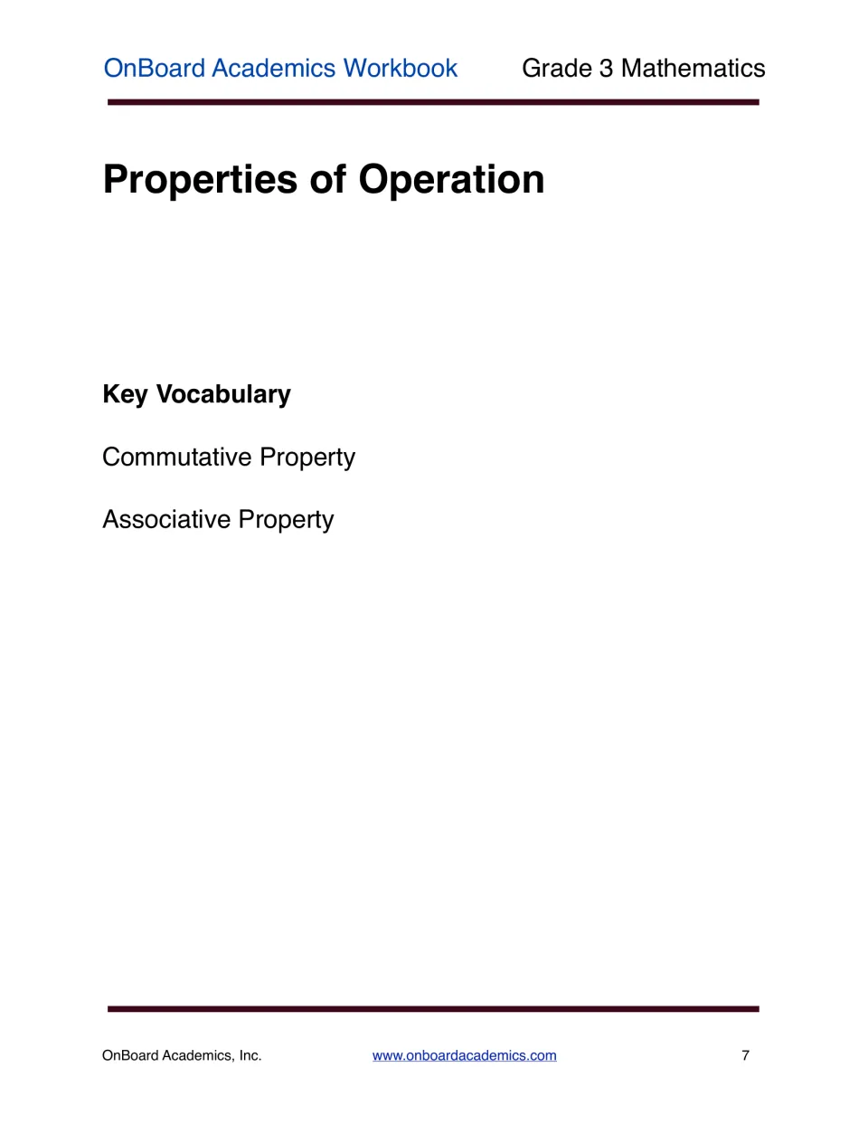 Properties of Operation unit opener introducing two key vocabulary terms: commutative property and associative property
