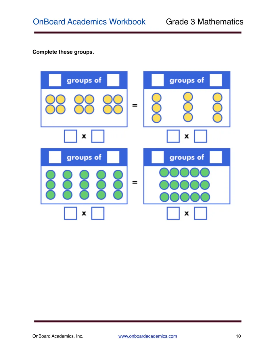 Equal groups and multiplication: students count circle arrays, fill in 'groups of' labels and write matching factor pairs