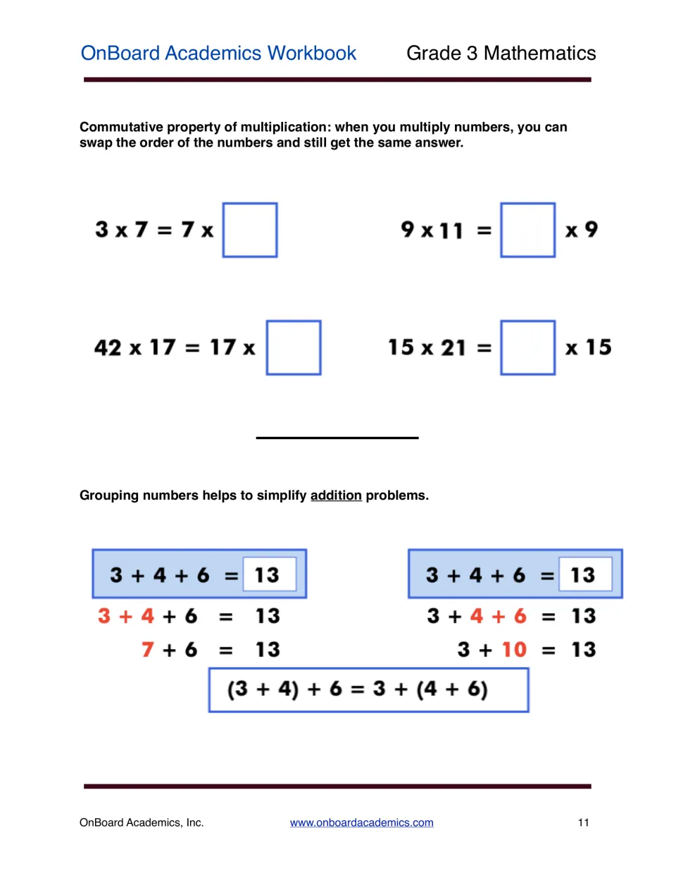 Commutative property of multiplication problems such as 3 x 7 = 7 x ?, plus a worked example grouping 3 + 4 + 6 two ways
