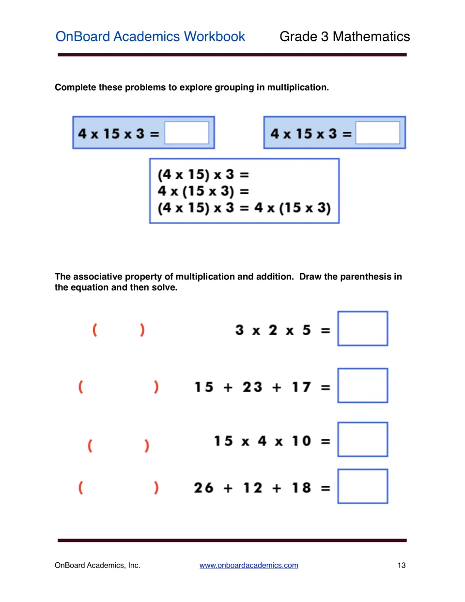 Associative property: students solve 4 x 15 x 3 two ways, then add parentheses to problems like 15 + 23 + 17 and solve