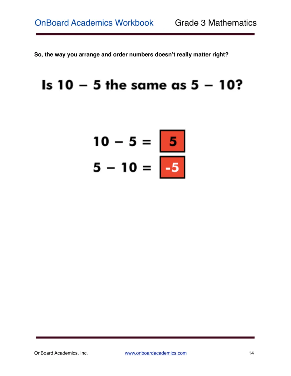 Subtraction is not commutative: asks if 10 - 5 equals 5 - 10 and shows the different answers, 5 and -5