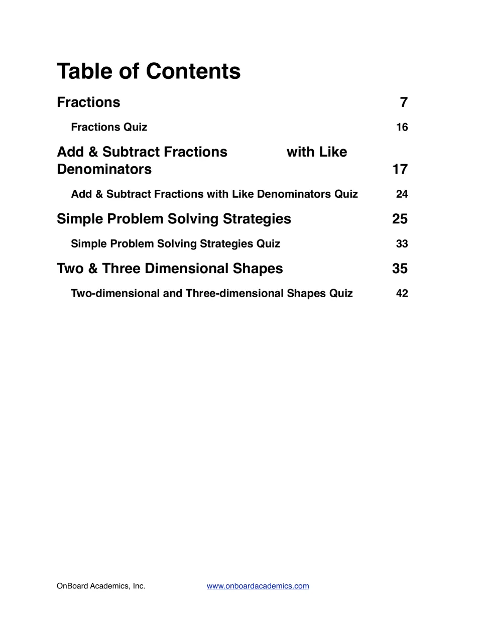 Table of contents: units on fractions, like-denominator fractions, problem solving and 2D and 3D shapes, each with a quiz