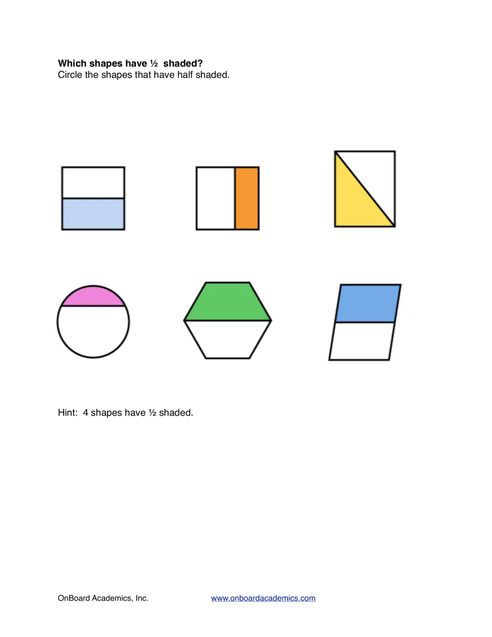 Identifying halves: students circle the shapes that have 1/2 shaded among six shapes, with a hint that four are halves
