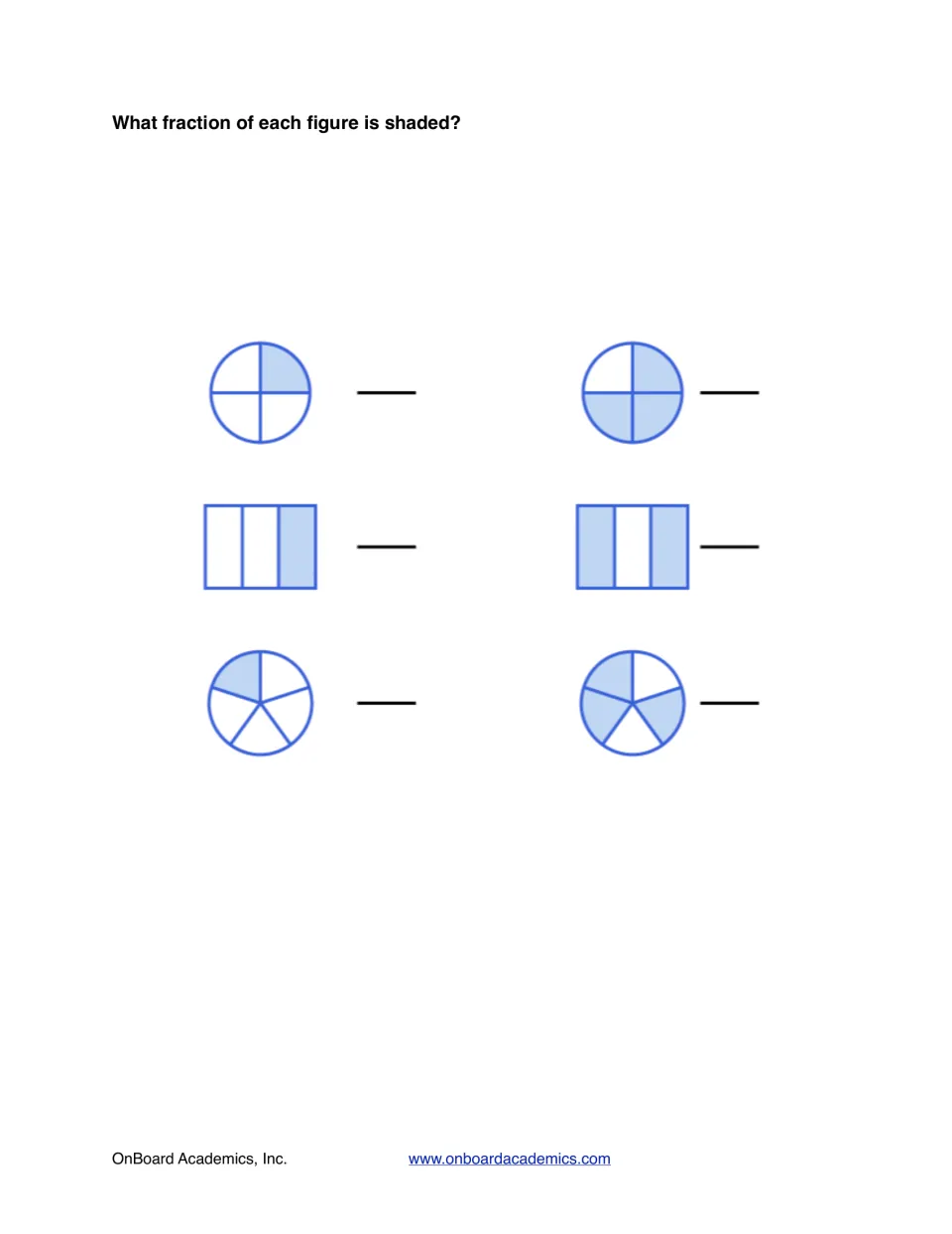 Naming shaded fractions: students write the fraction shaded in six circles and bars split into fourths, thirds and fifths