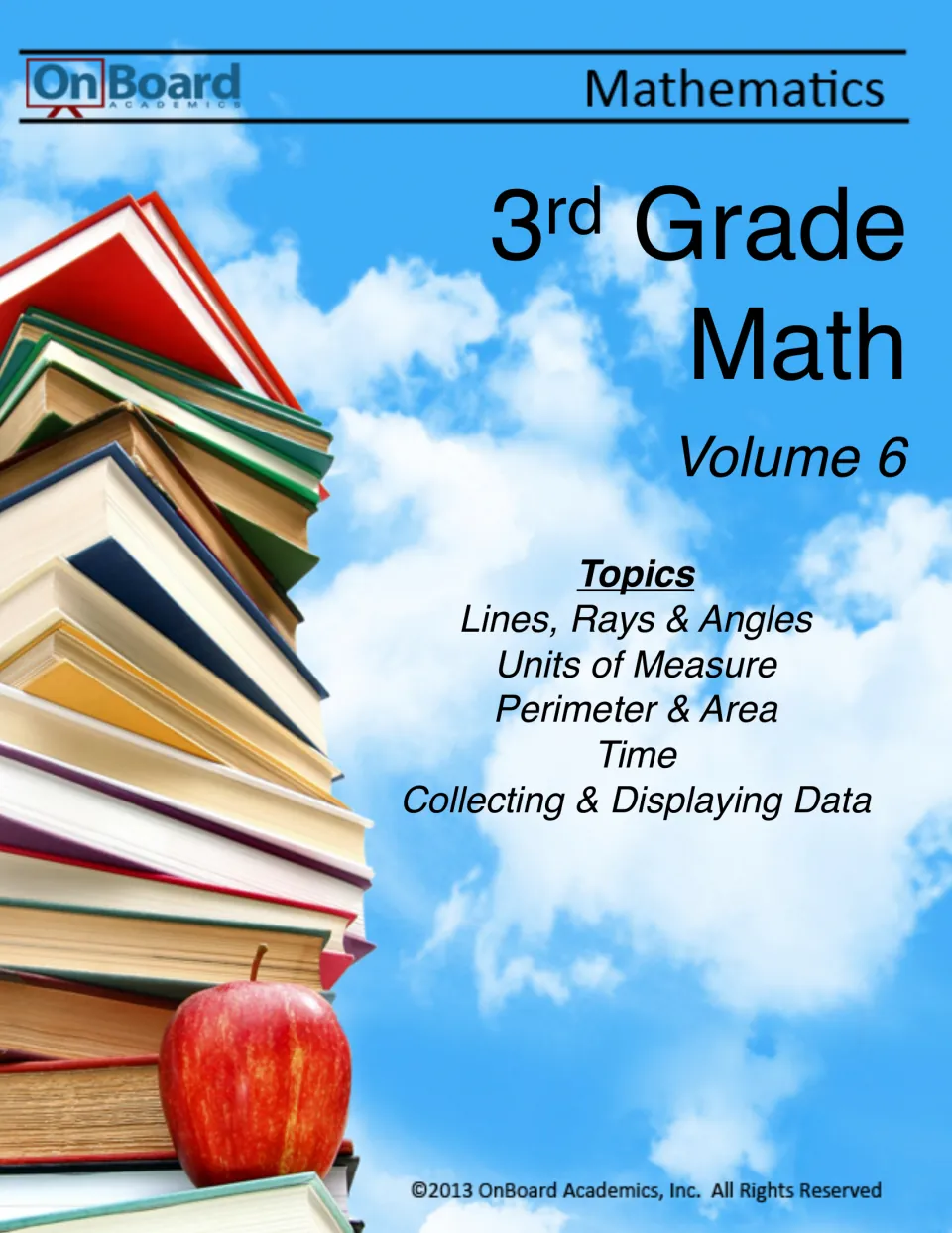 3rd Grade Math Volume 6 cover listing topics: lines, rays and angles, units of measure, perimeter, area, time and data