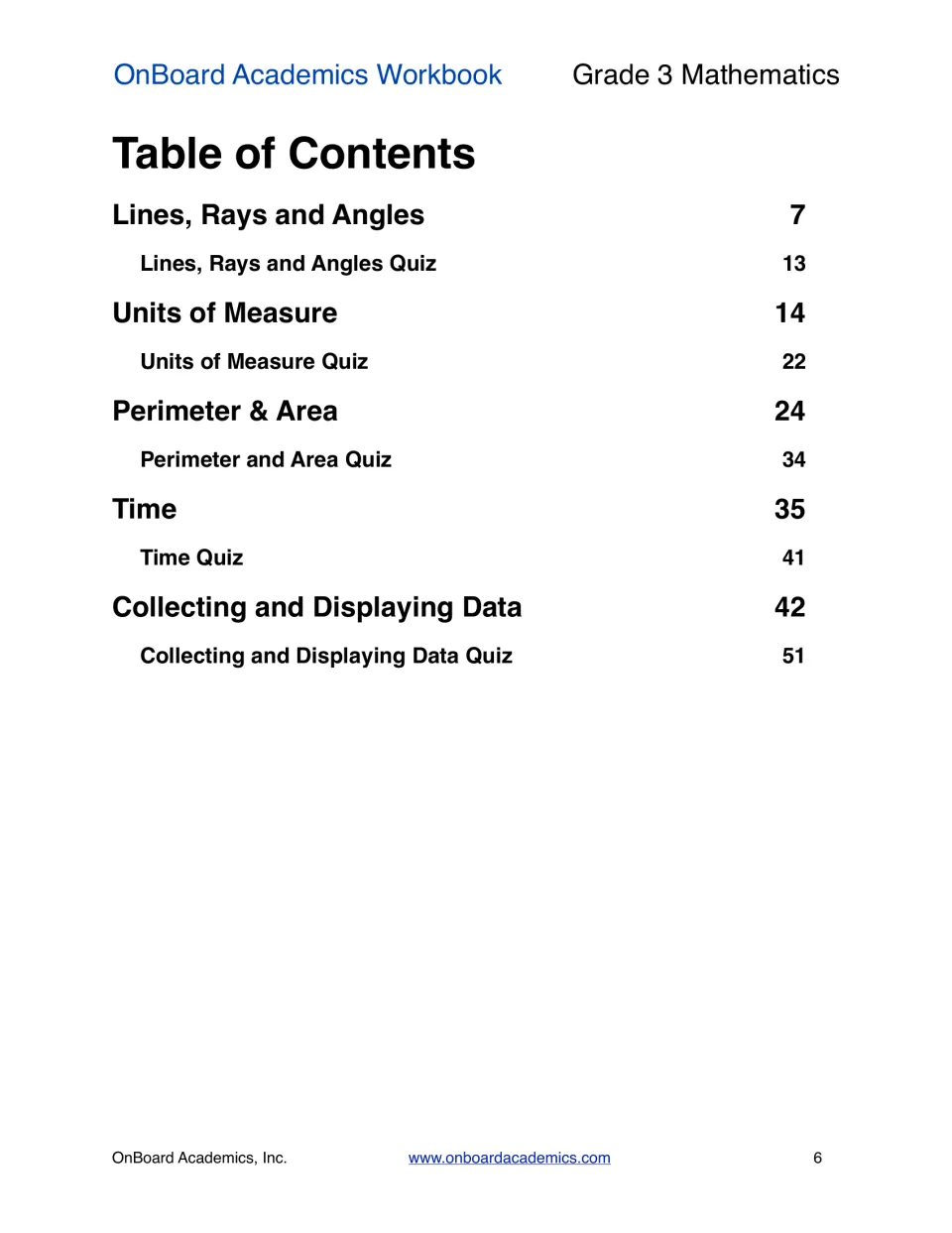 Table of contents listing five units, from Lines, Rays and Angles to Collecting and Displaying Data, each with a quiz