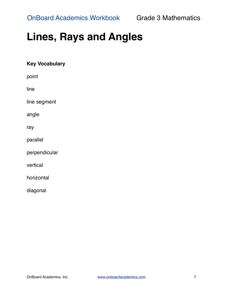 Lines, rays and angles key vocabulary: ten terms from point and line segment to parallel, perpendicular and diagonal