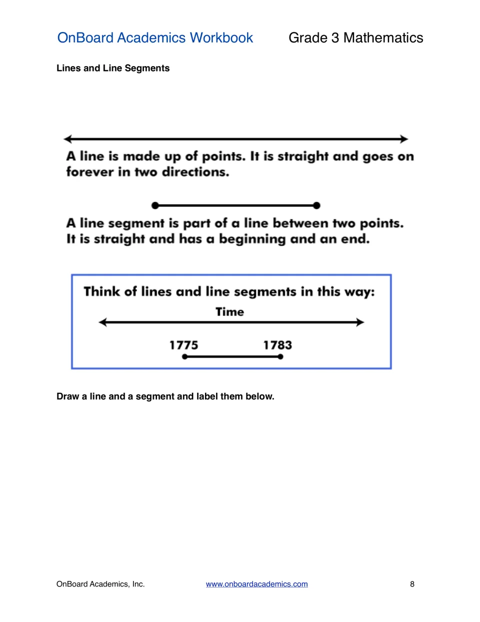 Lines and line segments defined with arrow and endpoint diagrams and a 1775 to 1783 timeline; students draw and label each