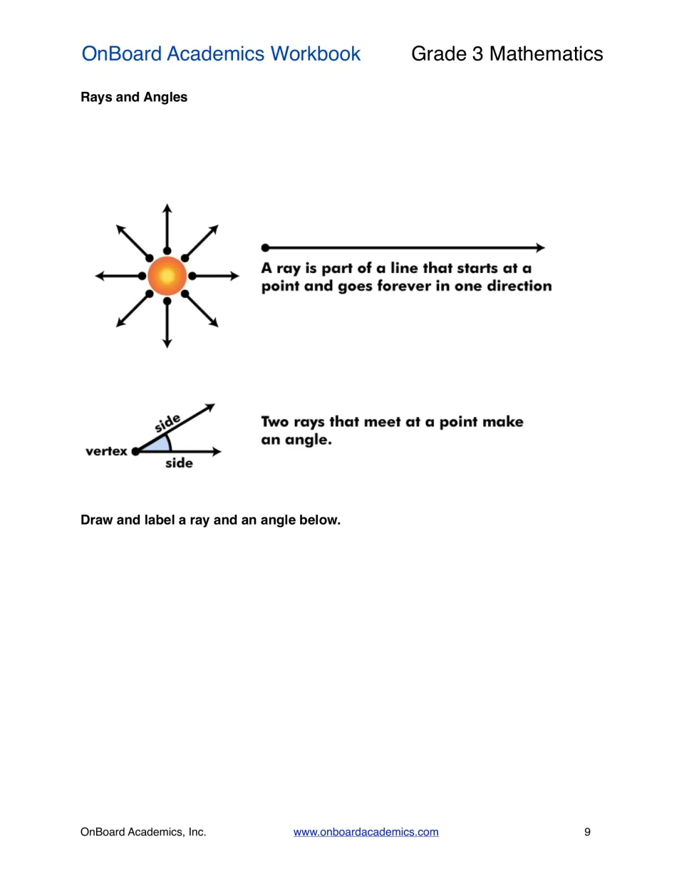 Rays and angles defined with a sun diagram and an angle labeled vertex and sides; students draw and label one of each