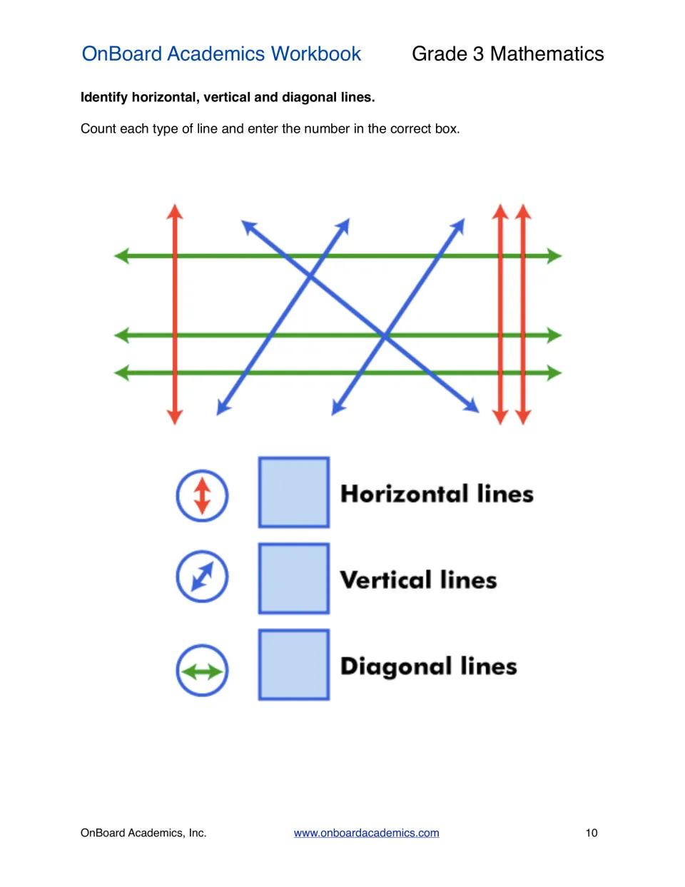 Identifying horizontal, vertical and diagonal lines: students count each colored line type and write the totals