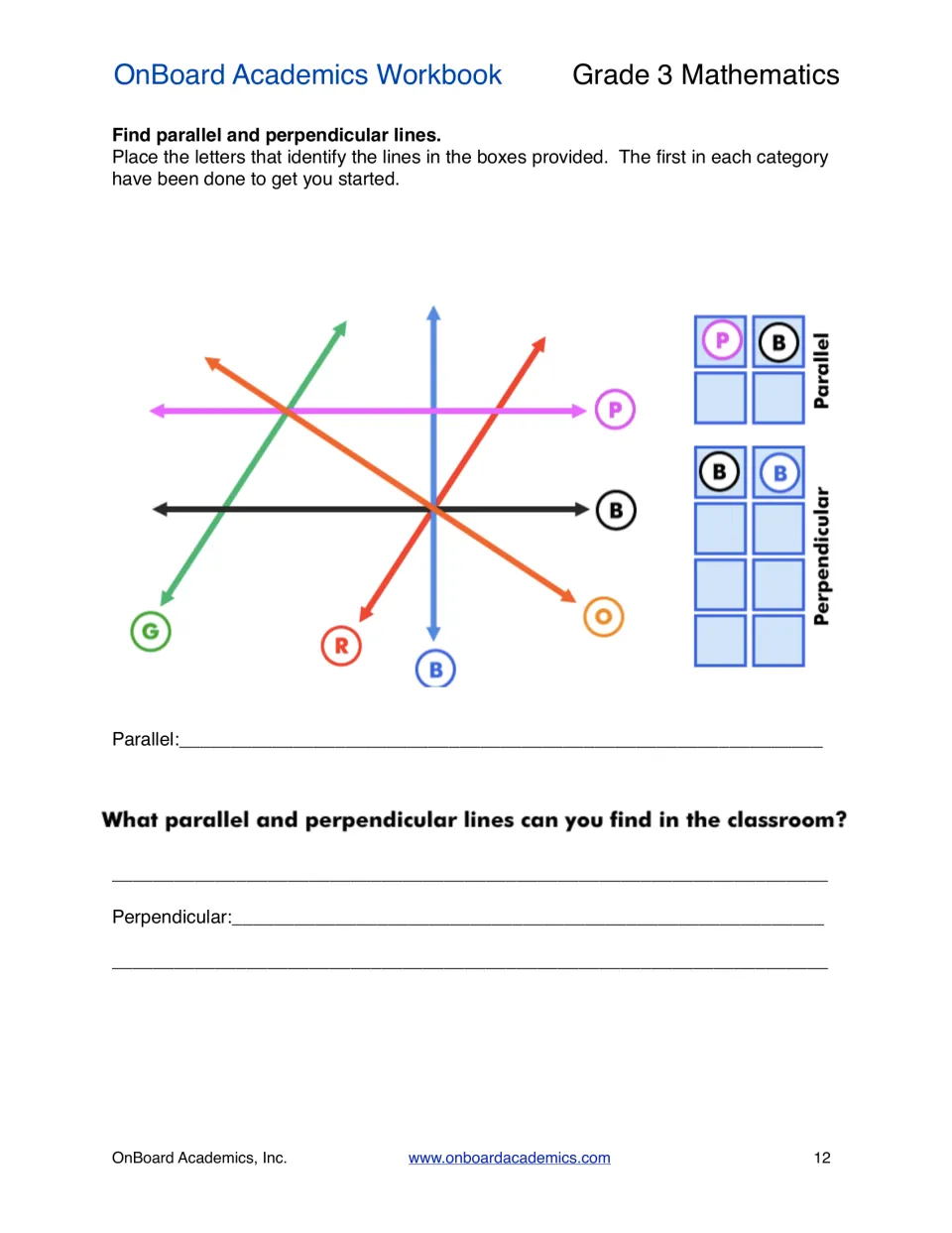 Finding parallel and perpendicular lines: students match lettered colored lines, then name examples seen in the classroom