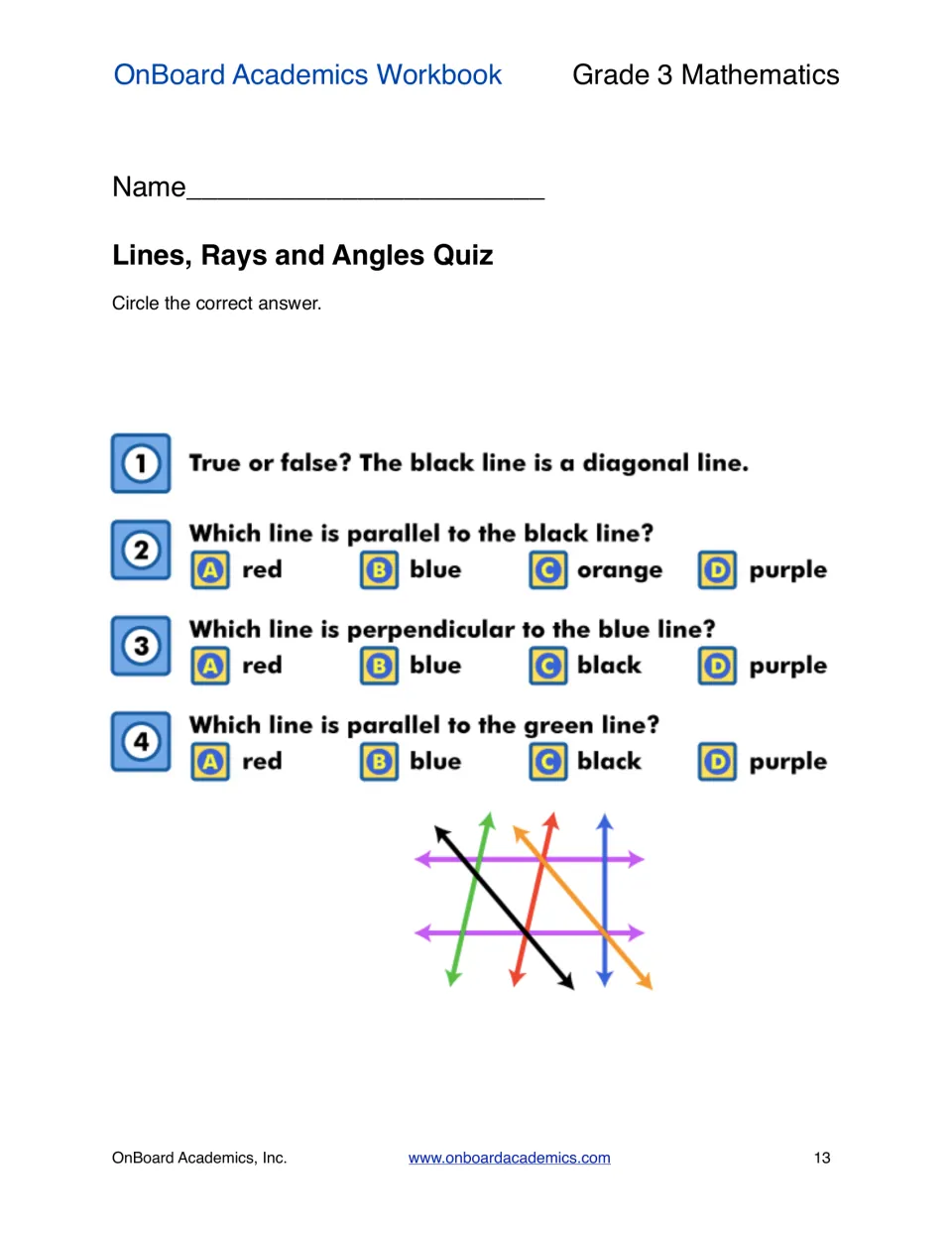 Lines, rays and angles quiz: four multiple-choice and true-or-false items about parallel, perpendicular and diagonal lines