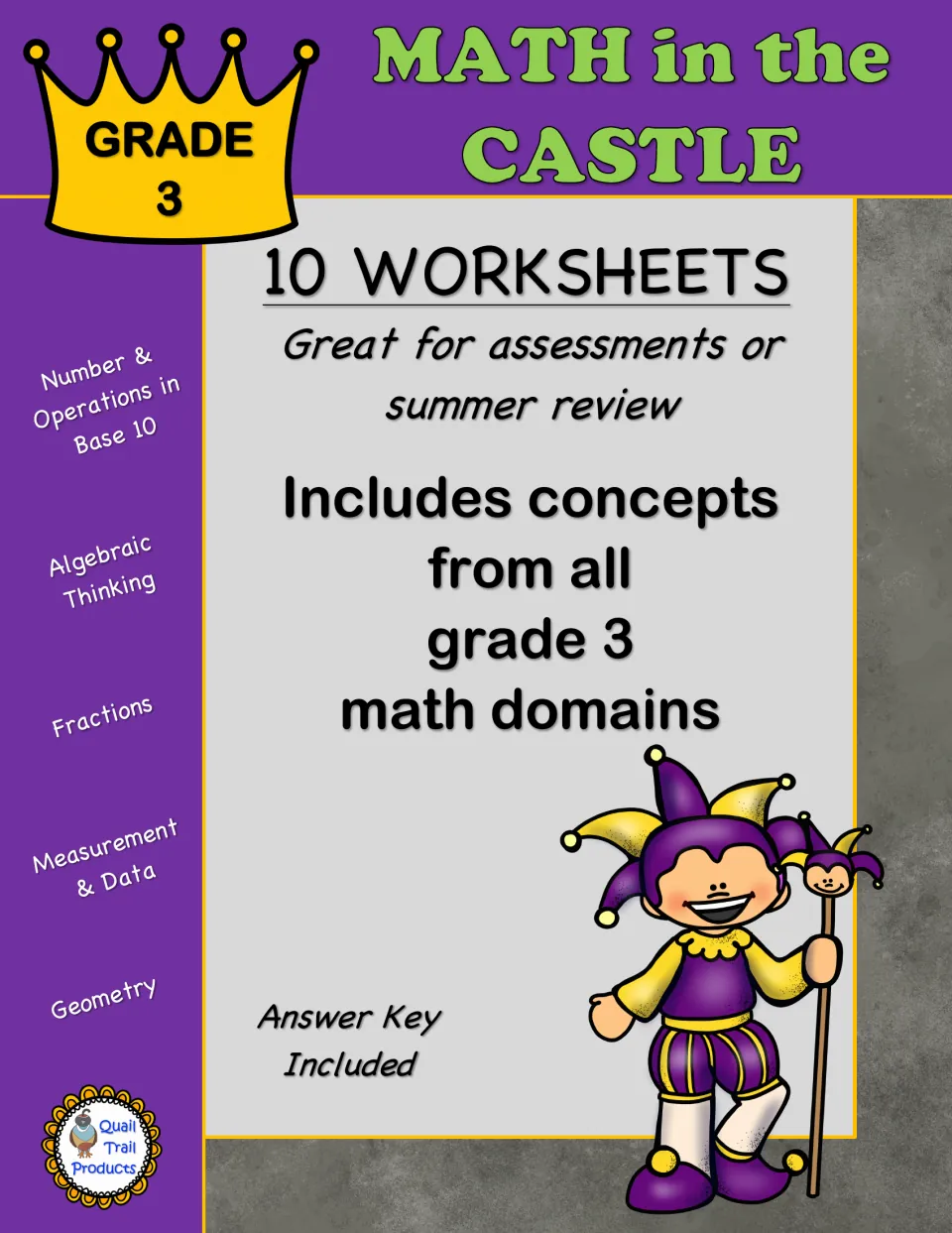 Cover of the castle-themed grade 3 math packet advertising ten worksheets across all math domains and an answer key