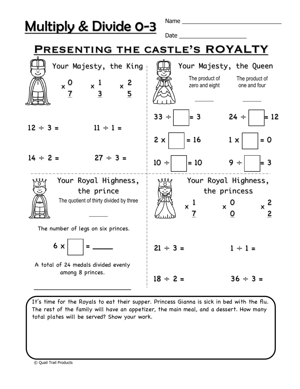 Multiplication and division worksheet for facts 0–3, featuring royal family problems and a supper plate challenge