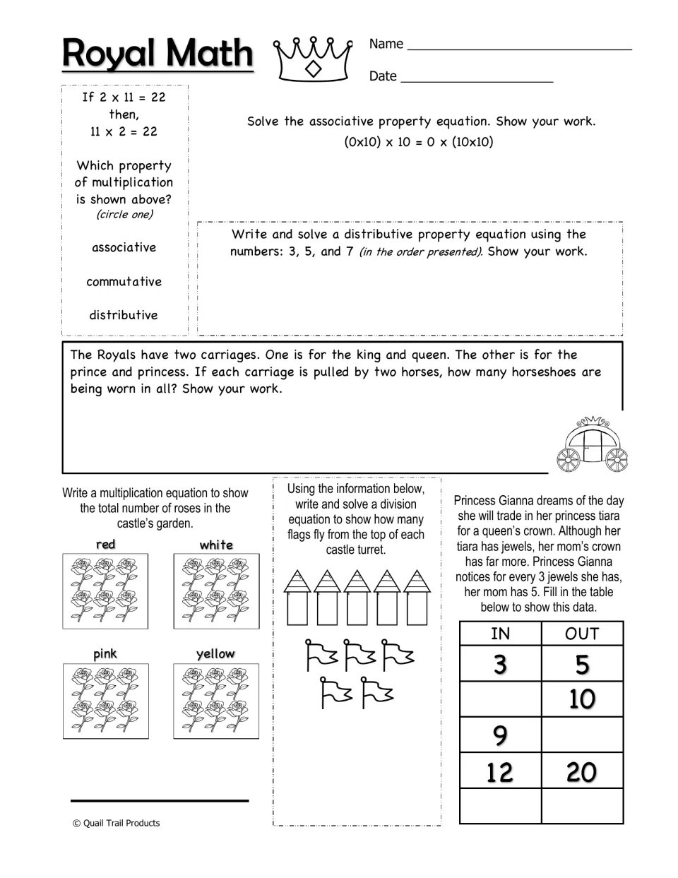 Royal Math worksheet on multiplication properties, carriage horseshoes, rose totals, flags, and jewel patterns