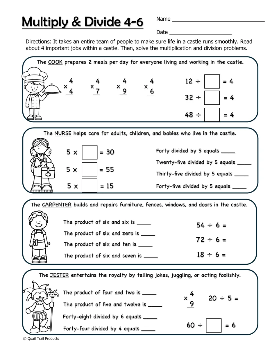 Multiplication and division worksheet for facts 4–6, using problems about a cook, nurse, carpenter, and jester