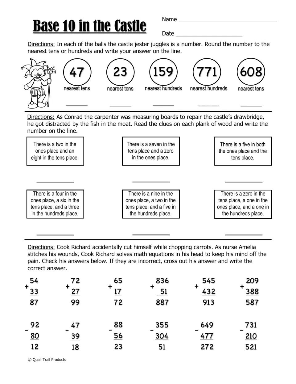 Base 10 in the Castle worksheet on rounding to tens and hundreds, place value, and checking addition and subtraction