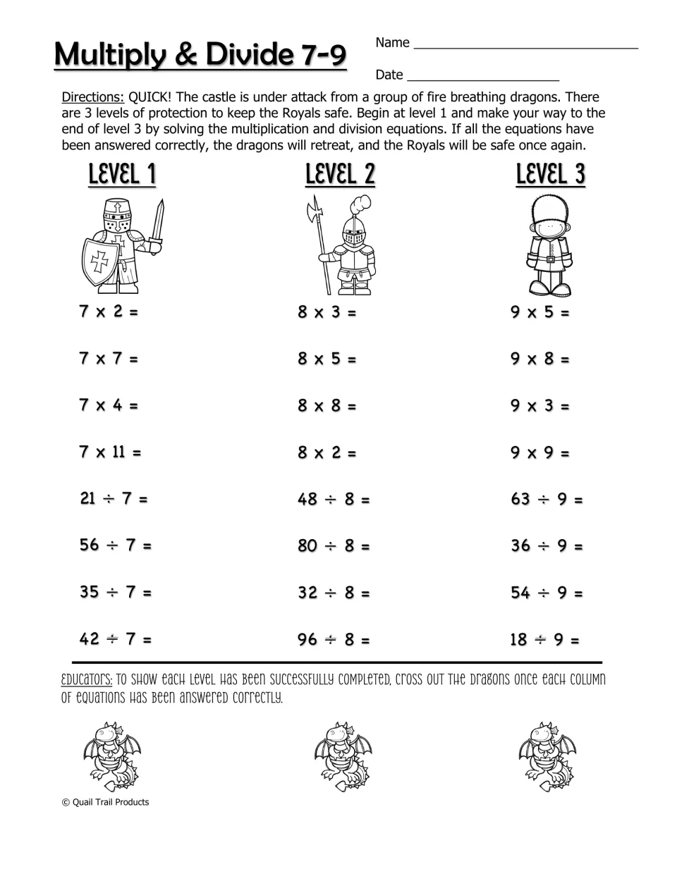 Multiplication and division worksheet for facts 7–9, with three levels of equations to protect royalty from dragons