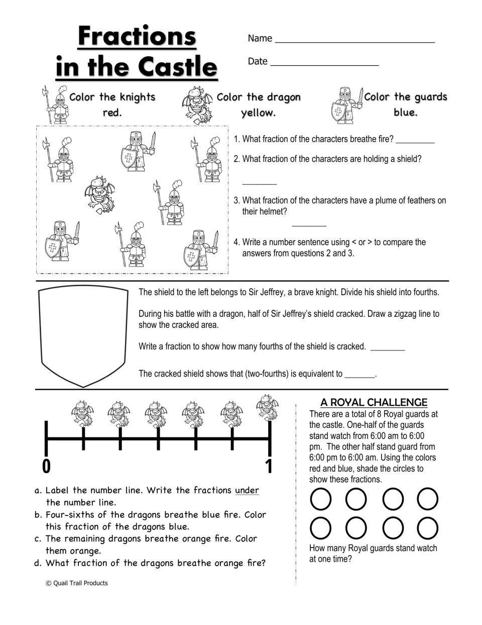 Fractions in the Castle worksheet on character fractions, shield fourths, dragon sixths, and halves of a guard group