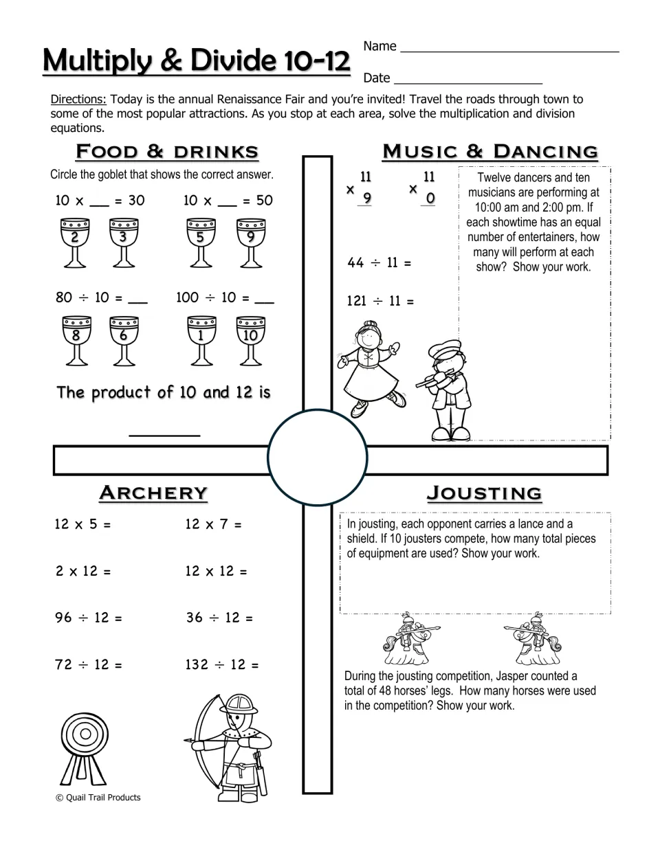 Multiplication and division worksheet for facts 10–12, set at fair attractions including archery and jousting